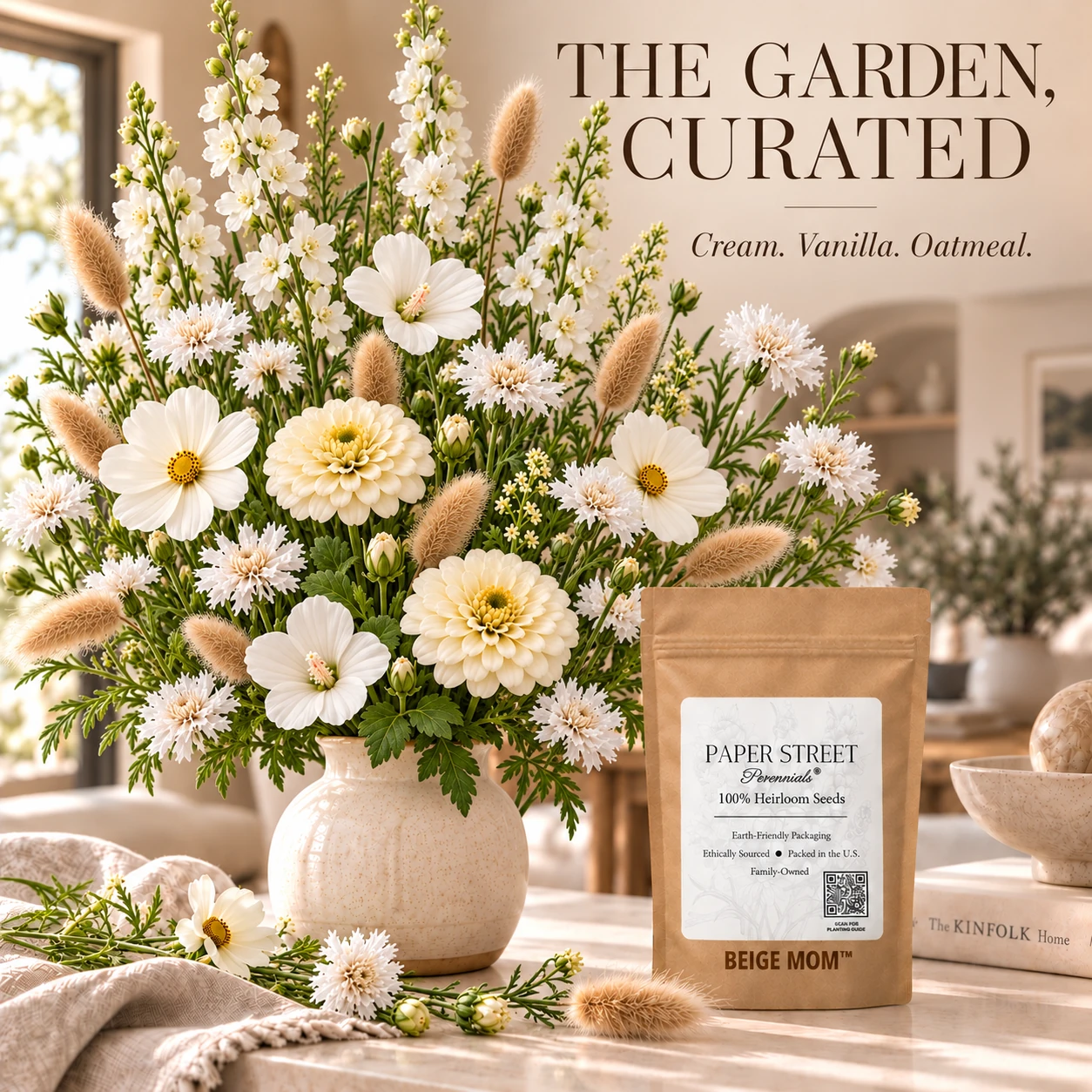 Cream, vanilla and oatmeal flowers arranged for the home