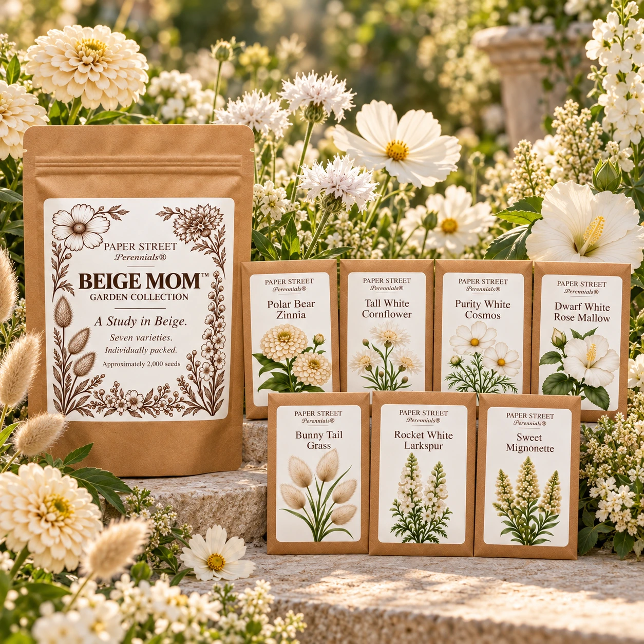 Beige Mom seven-packet collection with white flowers and oatmeal bunny tails in a sunny neutral garden