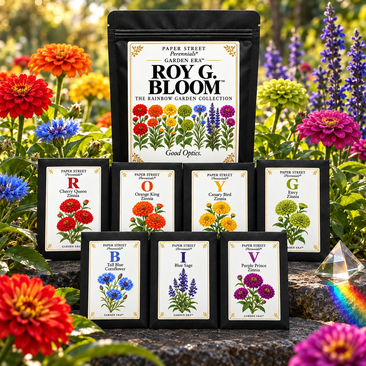ROY G. BLOOM seven-packet collection framed by a rainbow cutting garden