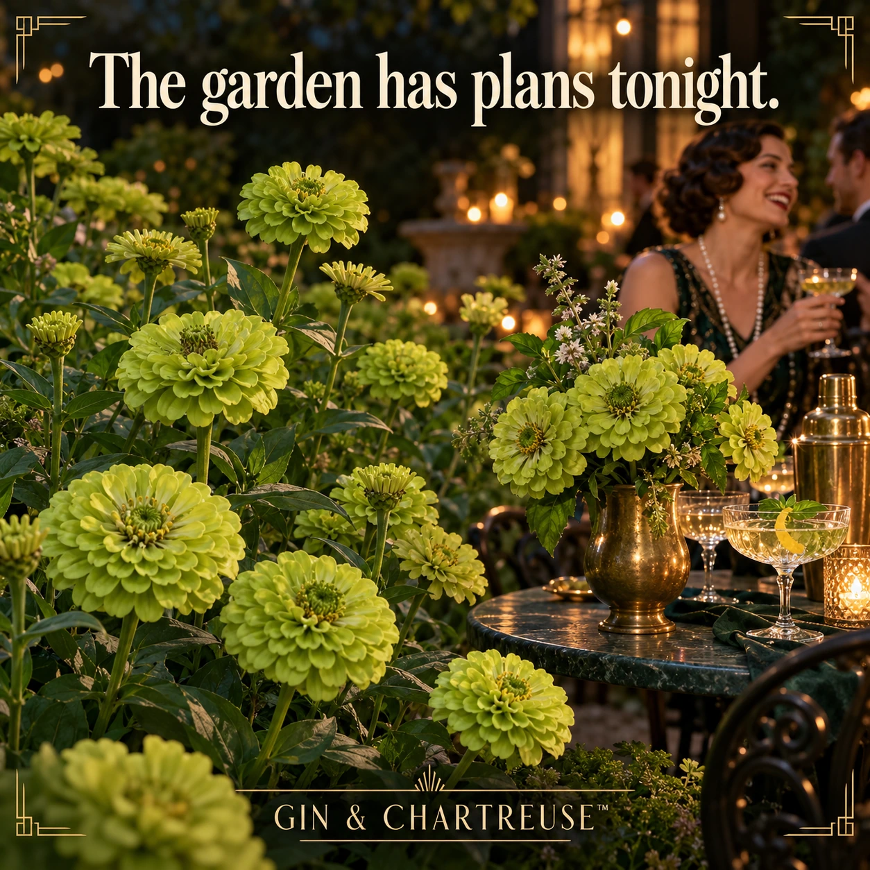 Chartreuse zinnias at a glamorous garden party