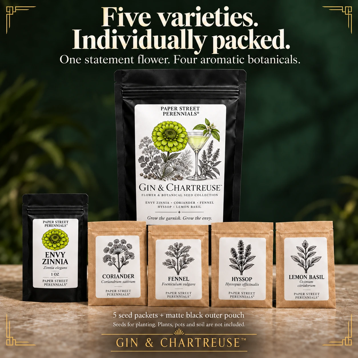 Five seed packets and the newly labeled outer pouch