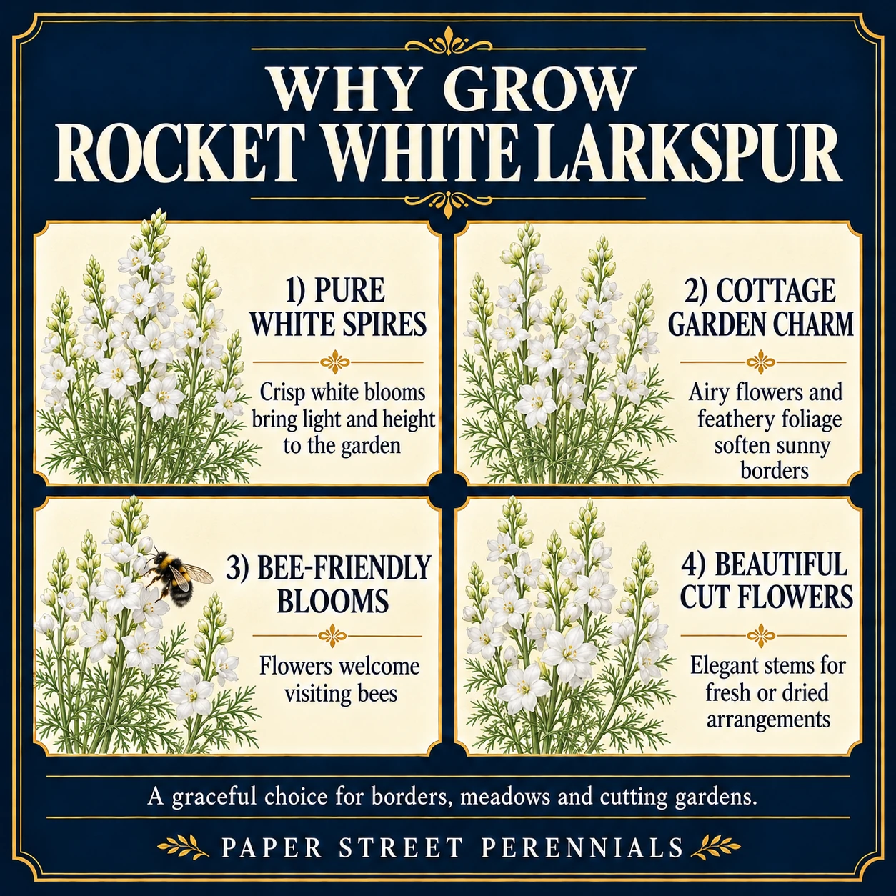 Rocket White Larkspur: Flower detail and benefits